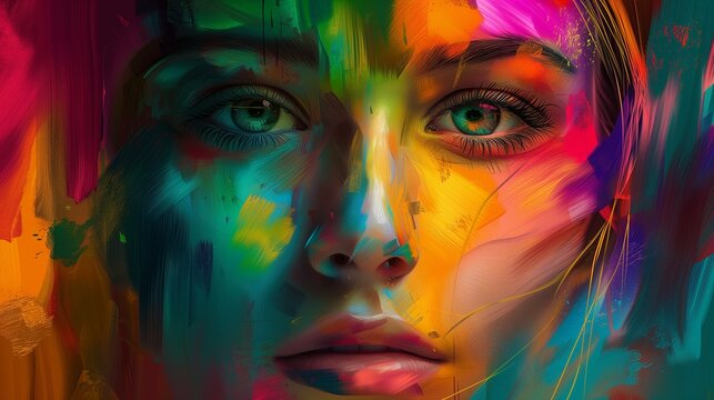 An enchanting image unfolds as the vibrant hues of a colorful palette come together to form a captivating portrayal of a girl's face. 
