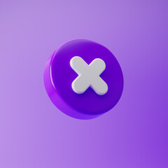 Obraz premium Cancel cross icon isolated over purple background. 3d rendering.
