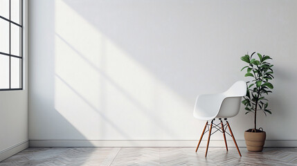 Studio with window and chair, natural light and green indoor plants. Generative AI