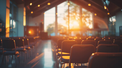 Church community center with empty seats before an event at sunset - obrazy, fototapety, plakaty