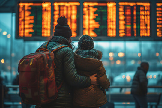 Couple waiting in airport terminal with backpack looking arrival and departure board, passenger searching for flight ready for check in to travel