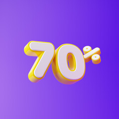 White seventy percent or 70 % with yellow outline isolated over purple background. 3D rendering.