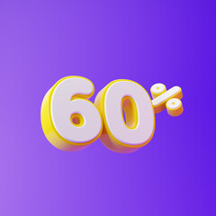 White sixty percent or 60 % with yellow outline isolated over purple background. 3D rendering.