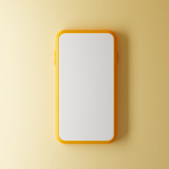 Smartphone with blank screen isolated over yellow background. Top view. Mockup template. 3d rendering.
