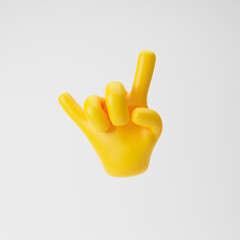 Yellow emoji hand showing horns or rock gesture isolated over white background. 3d rendering.