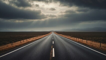 Fototapeta premium A melancholic, empty road stretches into the horizon under a dramatic cloudy sky, flanked by golden fields and a distant mountain range, conveying a sense of solitude and vastness.