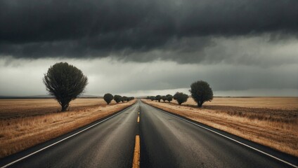 A desolate road bisects a stormy landscape, with dark clouds looming overhead and symmetrical rows of trees lining the path, creating a compelling image of isolation and the calm before a storm.