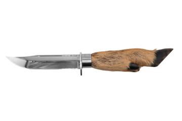 Knife with deer leg handle isolated on the white background. Roe deer hoof handle. Handmade knife