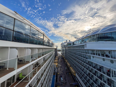 Two Royal Caribbean Cruise Ships Docked Next to Each Other.