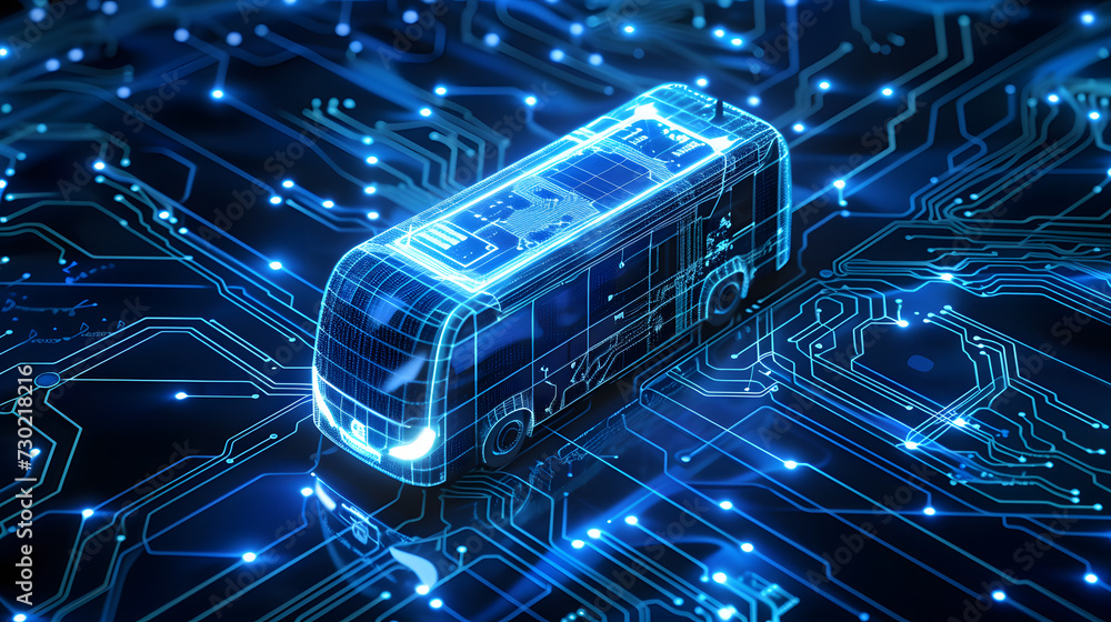 Aufkleber an illuminated bus is on top of a circuit board.