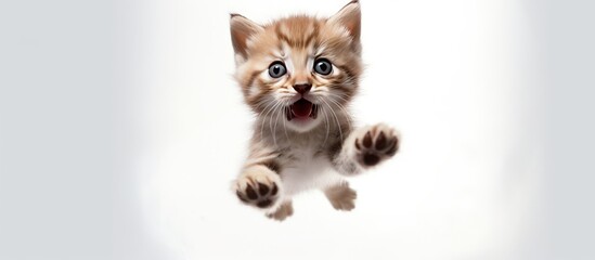 Fototapeta na wymiar cute kitten jumping in the air while looking at the camera. copy space white background
