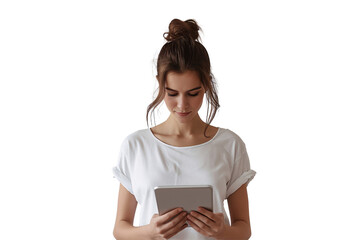 Woman with Digital Tablet: A PNG cutout featuring a stylish lady engaging with a tablet, complete with a realistic shadow for easy integration on transparent backgrounds.