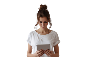 Woman with Digital Tablet: A PNG cutout featuring a stylish lady engaging with a tablet, complete with a realistic shadow for easy integration on transparent backgrounds.