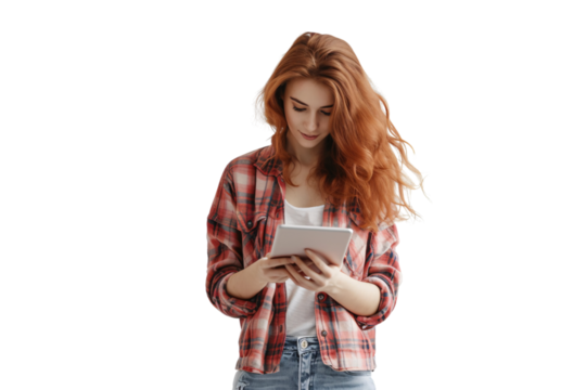 Woman with Digital Tablet: A PNG cutout featuring a stylish lady engaging with a tablet, complete with a realistic shadow for easy integration on transparent backgrounds. - Powered by Adobe