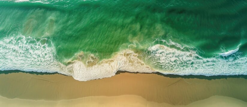Aerial view of green water and shallow waves on the beach.