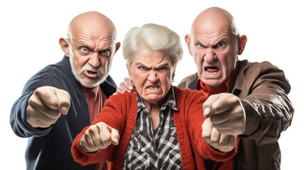 Group of elderly individuals standing with angry faces, showcasing their collective dissatisfaction, cut out - obrazy, fototapety, plakaty