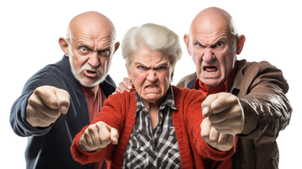 Group of elderly individuals standing with angry faces, showcasing their collective dissatisfaction, cut out