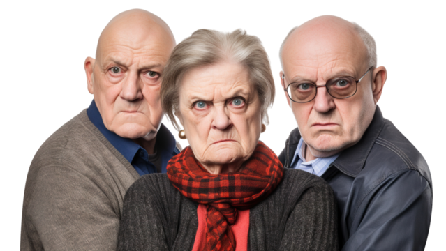 Group of elderly individuals standing with stern faces, showcasing their collective dissatisfaction, cut out