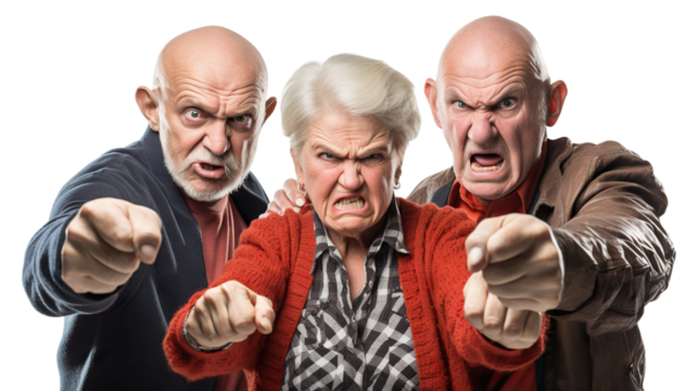 Group of elderly individuals standing with angry faces, showcasing their collective dissatisfaction, cut out