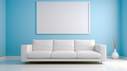 Blank white picture on the wall, framed poster with copy space, interior of a simple minimalist room. Generative AI