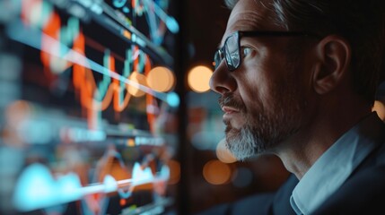 close-up of a person's eye analyzing stock market data charts on digital screen, highlighting focus and analysis in trading of businessman.