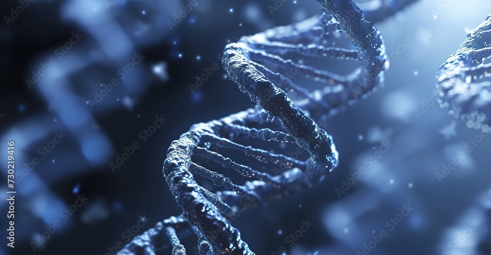 Poster detailed visualization of glowing strands of dna representing the complex blueprint of biological ex