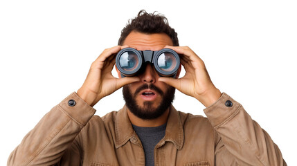 Surprised guy looking through binoculars, cut out