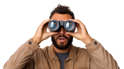 Surprised guy looking through binoculars, cut out