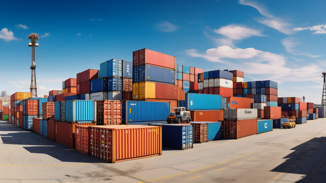 A photograph of colorful shipping containers at a bustling port, stacked neatly under the clear blue sky.
