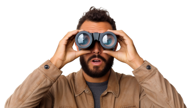 Surprised guy looking through binoculars, cut out