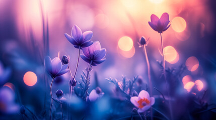 Purple wildflowers glowing in twilight, illuminated by soft lights, create a magical atmosphere....