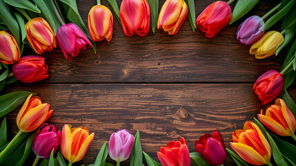 Tulips on a wooden background. Mother's day, Valentine's day, international women's day, birthday celebration concept. Greeting card. Copy space for text. Generative AI
