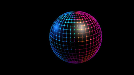 Vibrant pink and blue neon grid sphere glowing on black background