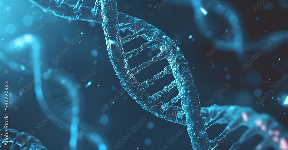 Poster detailed visualization of glowing strands of dna representing the complex blueprint of biological ex
