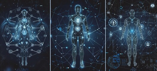 Futuristic medical interface: detailed visualization of human anatomy and systems, complemented by digital data analytics