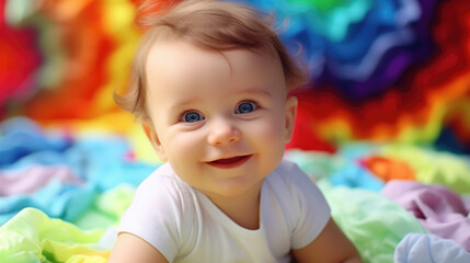 Fototapeta na wymiar Cheerful little caucasian child on vibrant rainbow color background copy space