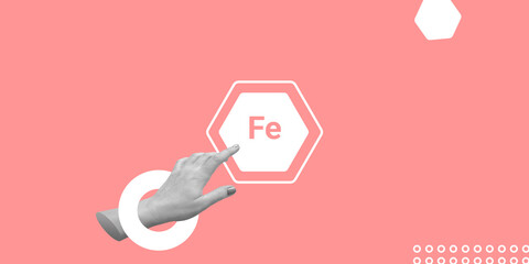 Fe, Ferrum mineral concept. Selecting products or dietary supplements high in Ferrum. Hand selects Fe icon. Minimalist art collage