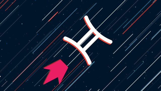 Zodiac gemini symbol flies through the universe on a jet propulsion. The symbol in the center is shaking due to high speed. Seamless looped 4k animation on dark blue background with stars