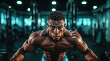 Fototapeta na wymiar Closeup headshot of young fit sporty muscular handsome black man with brown eyes in gym while training