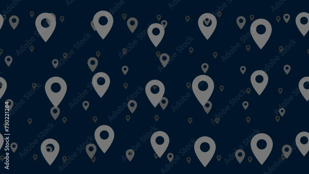 Poster location symbols float horizontally from left to right. parallax fly effect. floating symbols are lo