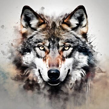 Watercolor illustration of gray wolf. Wild animal.