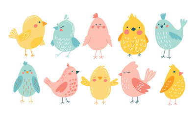 Cute birds in vector. Cartoon set, funny birds in pastel colors.