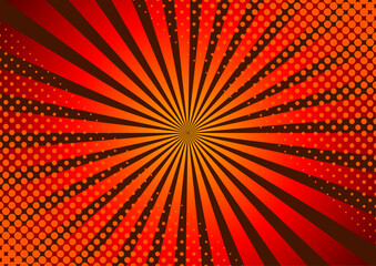 Pop art red and orange vintage comic magazine cover with rays. Cartoon vector halftone template. Pop Art illustration with halftone dots and rays. Red explosion rays background in cartoon style.