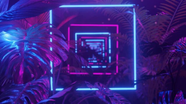 Neon background with Purple and blue neon dark jungle and tropic plants. Loop animation.