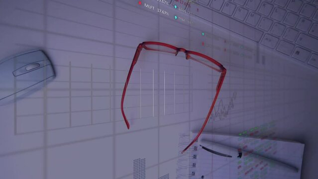 Animation of financial data processing over glasses, mouse, notebook and keyboard on desk