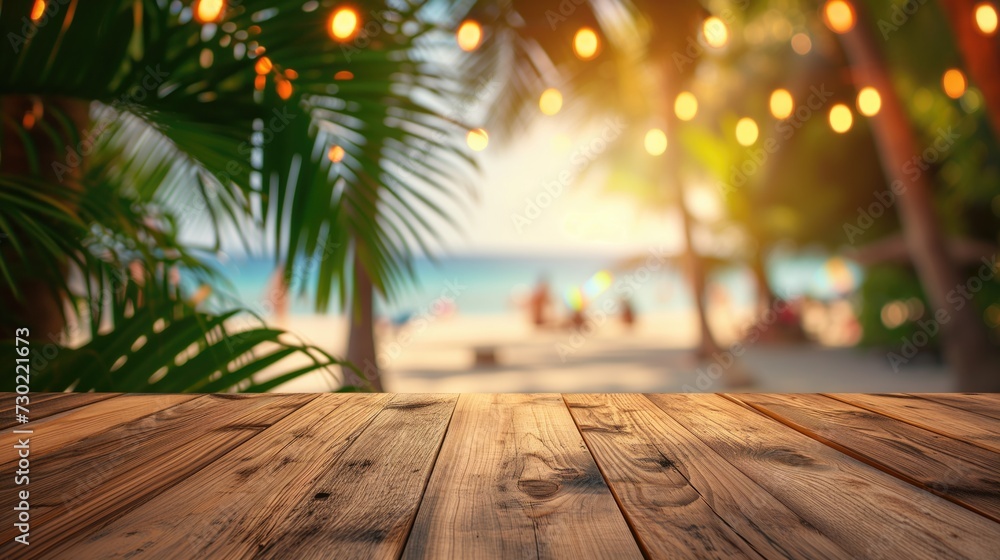 Wall mural Empty wooden table and palm leaves with blur beach on background in summer time, can be used for product placement, generative ai - Wall murals