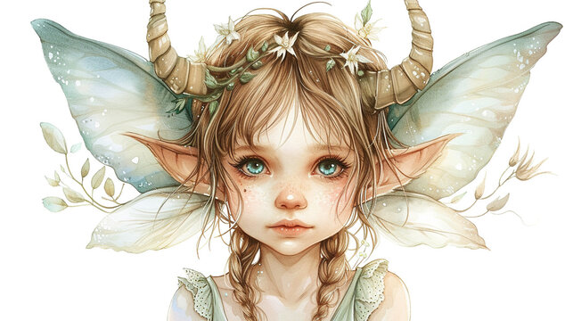 illustration of cute fairy of jungle with pretty eyes and horns , forest fairy isolated on white background, nursery room decor, cards or t-shirt prints