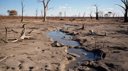 A barren landscape with polluted water and dead trees