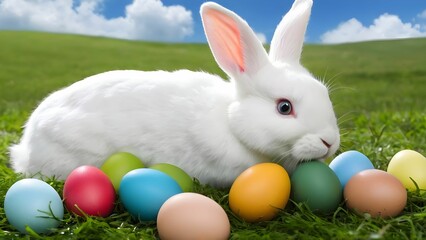 Fototapeta na wymiar Easter eggs and a white rabbit on the grass against the sky