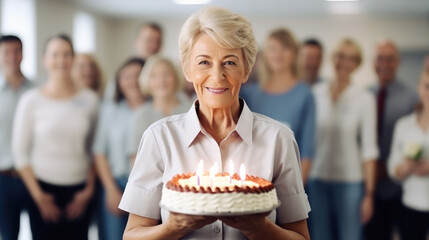 Smiling senior lady celebrates birthday holds cake with burning candles, family, friends or colleagues standing behind. Positive elderly woman celebrates retirement. Life only starts when get older
